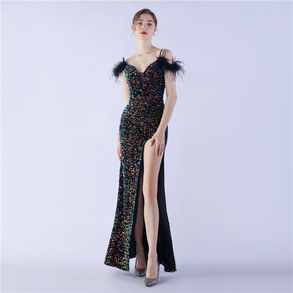Elegant Feather High-Density Sequined Long Evening Dress 9