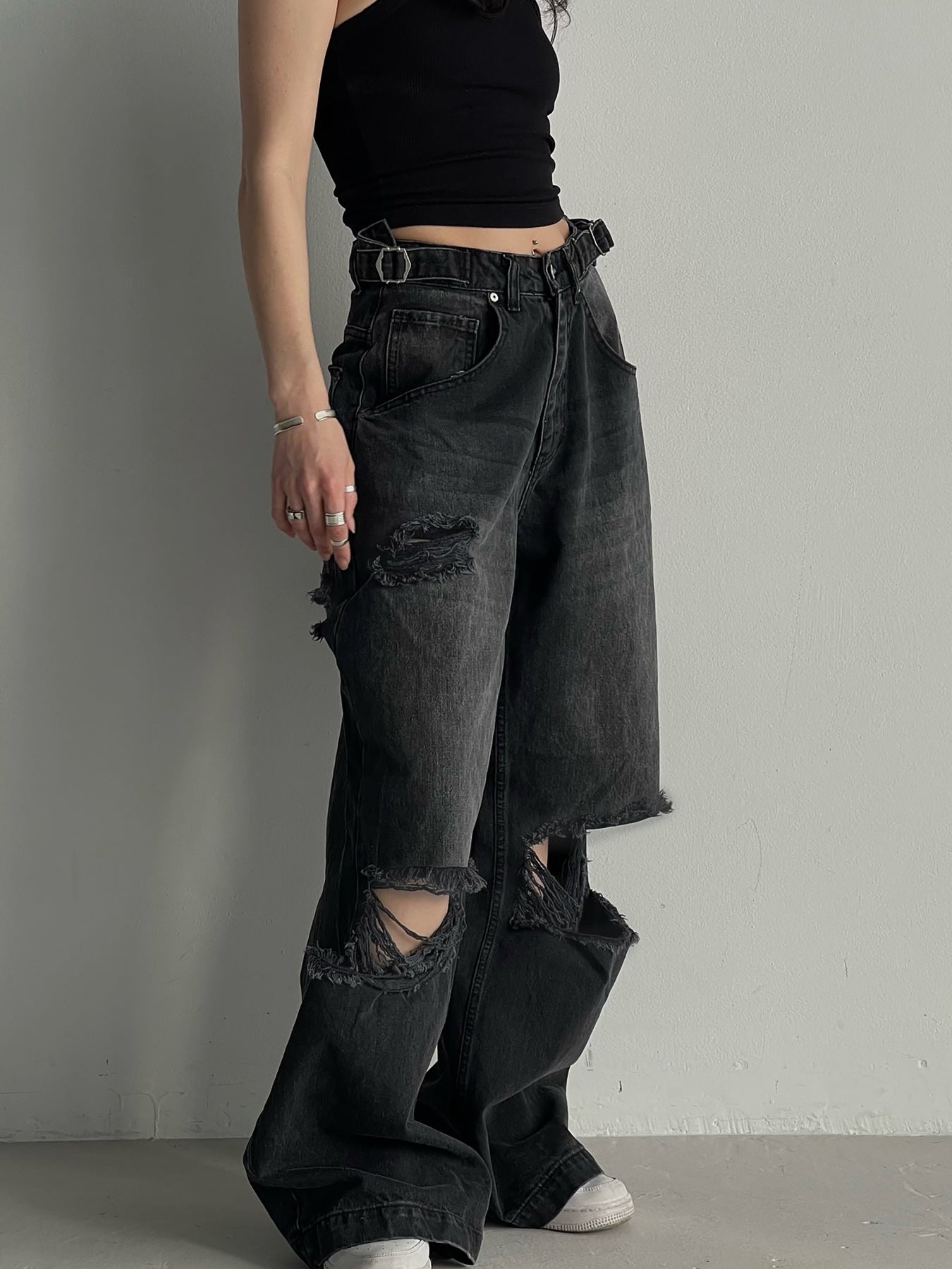 Women Ripped Waist Adjustable Denim Wide Leg Pants