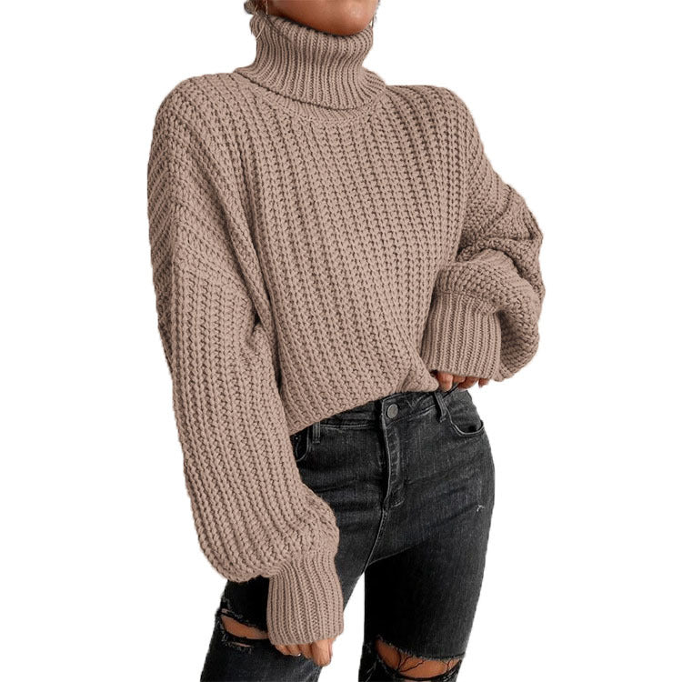 Autumn and Winter Fashion Shoulder Drop Long Sleeve Knitting Loose Pullover High Neck Sweater 9