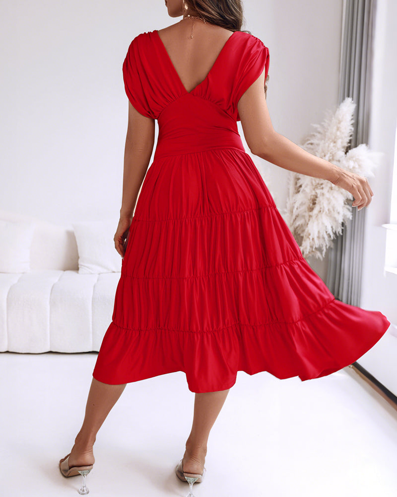 Red V-Neck Sleeveless Slim Waist Pleated A-Line Long Dress 7