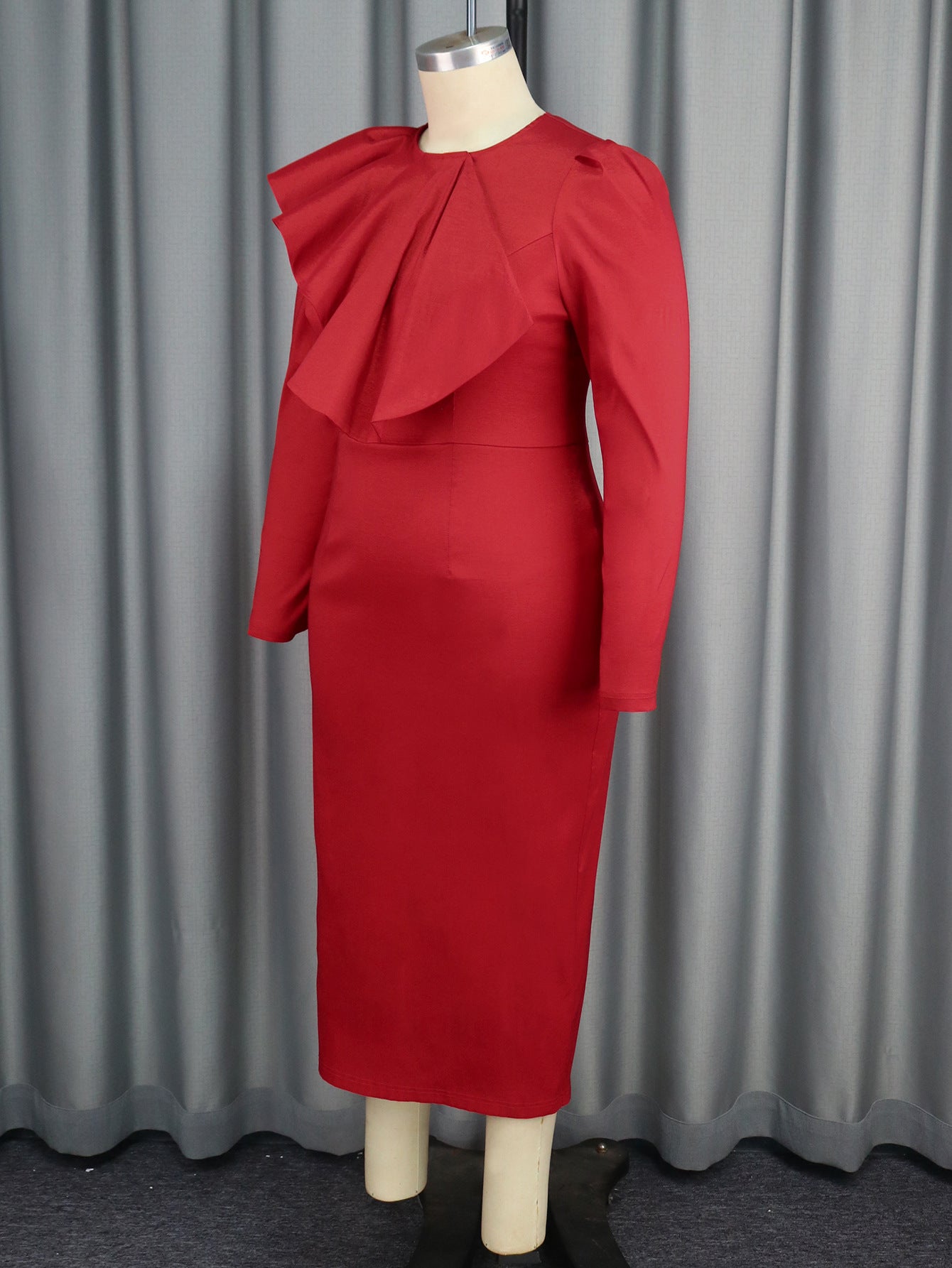 African Fashion Solid Color Women's Plus Size Ruffled Elegant Midi Dresses 3