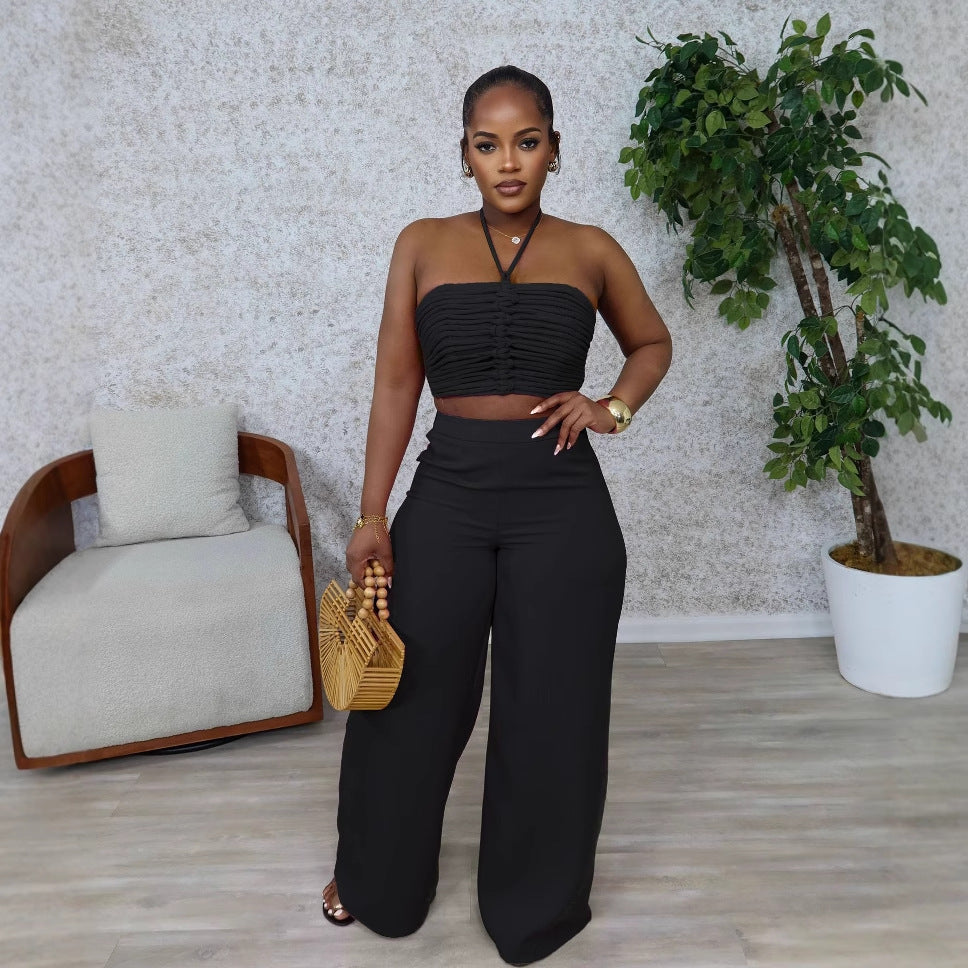 Halter Drawstring Top High-Waist Side-Zipper Loose Pants Two-Piece Set 6