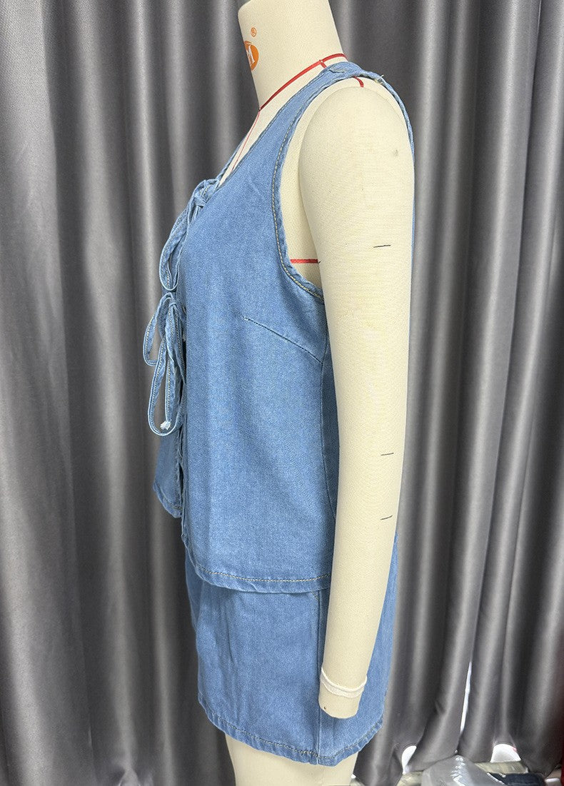 Women summer sleeveless lace top and denim shorts two-piece suit 20
