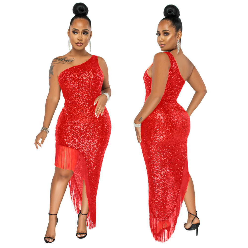 Women Sequined Side Slit Fringe Dress