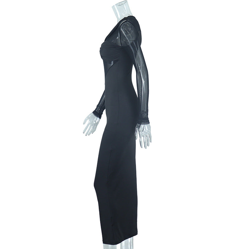 Women's Round Neck Mesh Patchwork Long Sleeve Maxi Tight Fitting Dress 7
