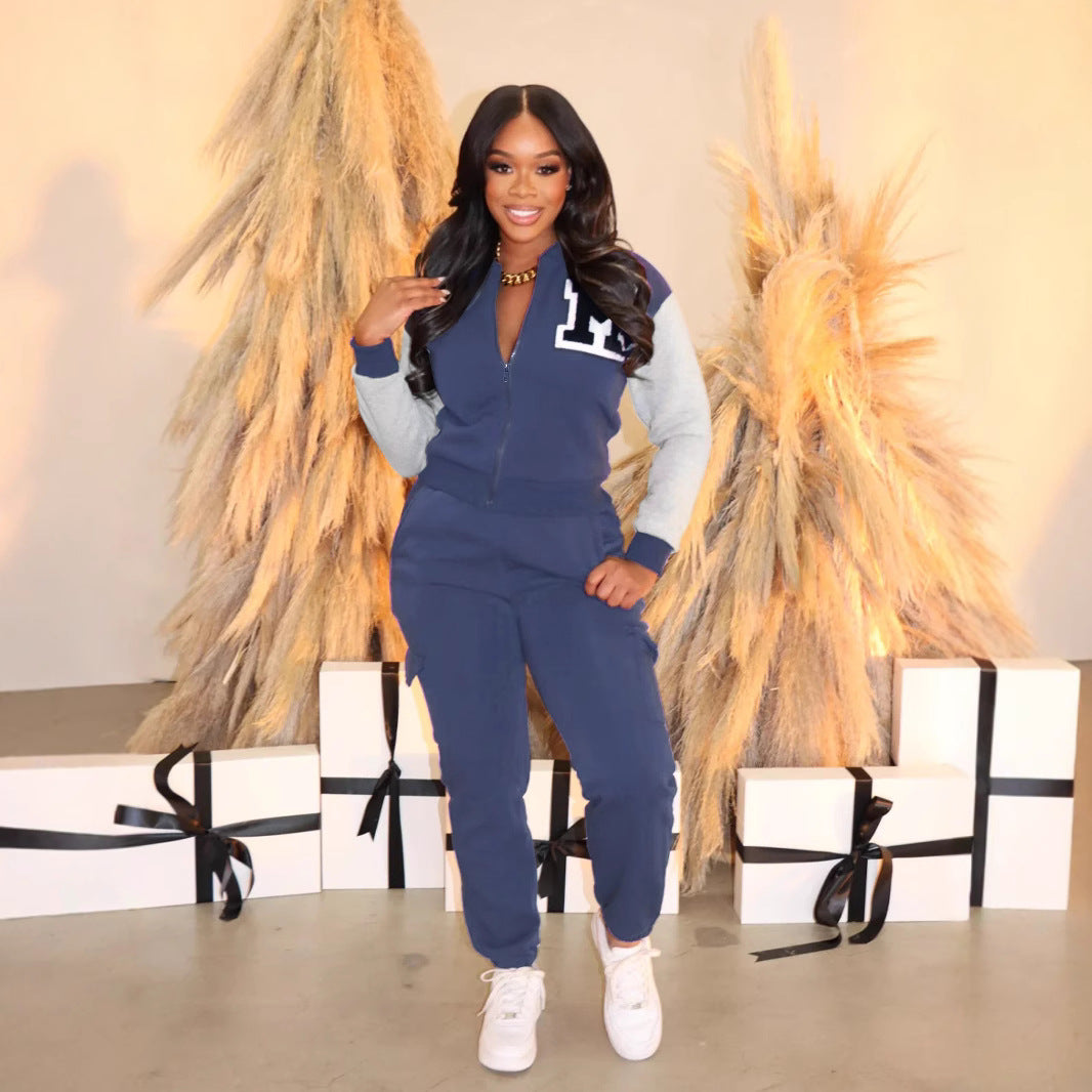 Women Casual Letter Printed Contrast Color Long Sleeve Zipper Top and Pants Two Piece Set 6