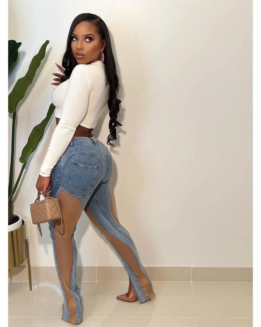 See-Through Mesh Patchwork Slit Stretch Fit Butt Lift Denim Pants 11
