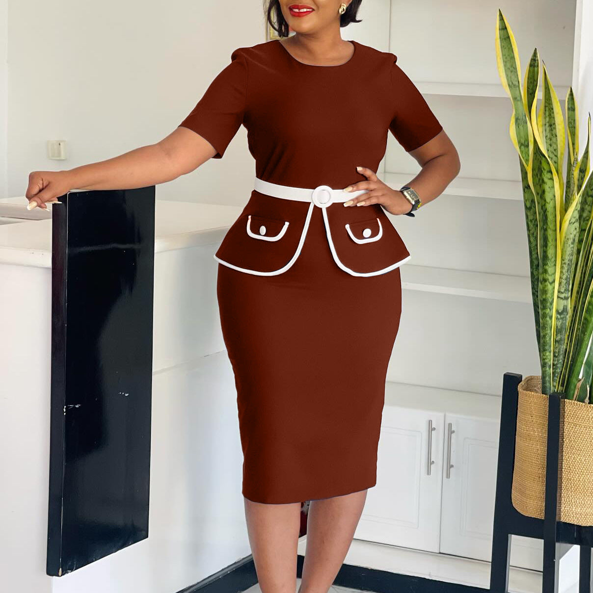 Women's Fashion Elegant Bodycon Short Sleeve OL Office African Plus Size Dress 5