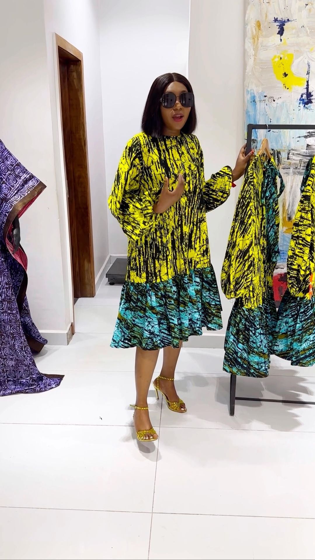 Women Printed Lace-Up Balloon Sleeves Loose Large Hem Round Neck Dress 19