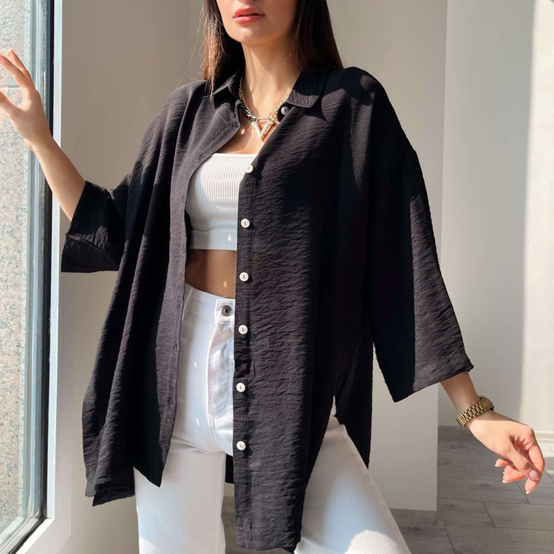 Shirt Women's Loose Bell Bottom Sleeve Spring Summer Comfortable Casual Solid Color Slit Shirt 12