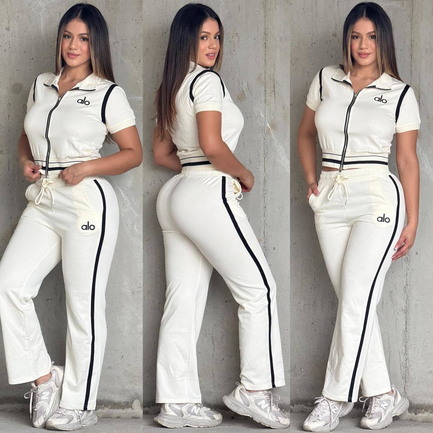 Autumn Fashion Embroidered Patchwork Ribbed Color Block Loose Casual Two-Piece Pants Set 3