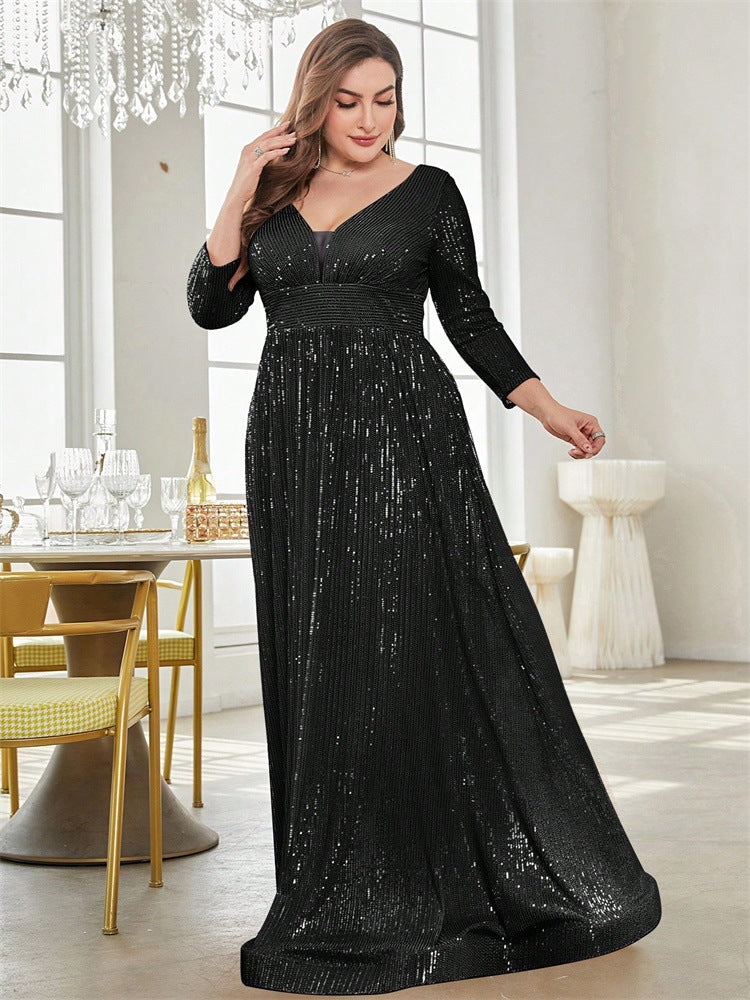 Women Plus Size Sequined Long-Sleeved V-Neck Formal Party Elegant Maxi Dress 10