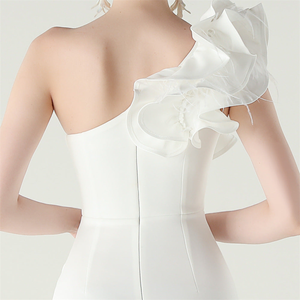 Women One-Shoulder Beaded Wool and Floral Satin Slit Sexy Evening Dress 82