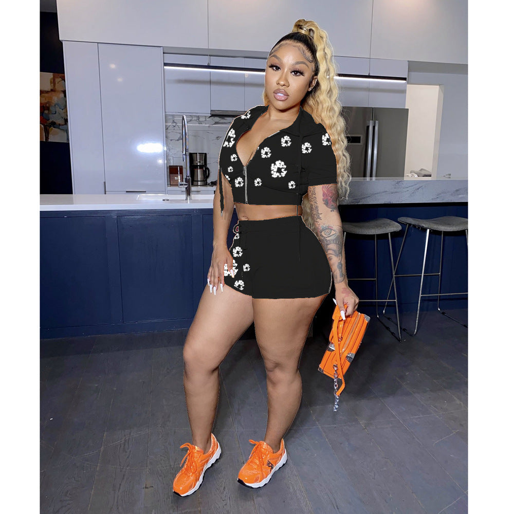 Women's Summer Printed Zipper Hooded Short-Sleeved Top Shorts Two Piece Set 8