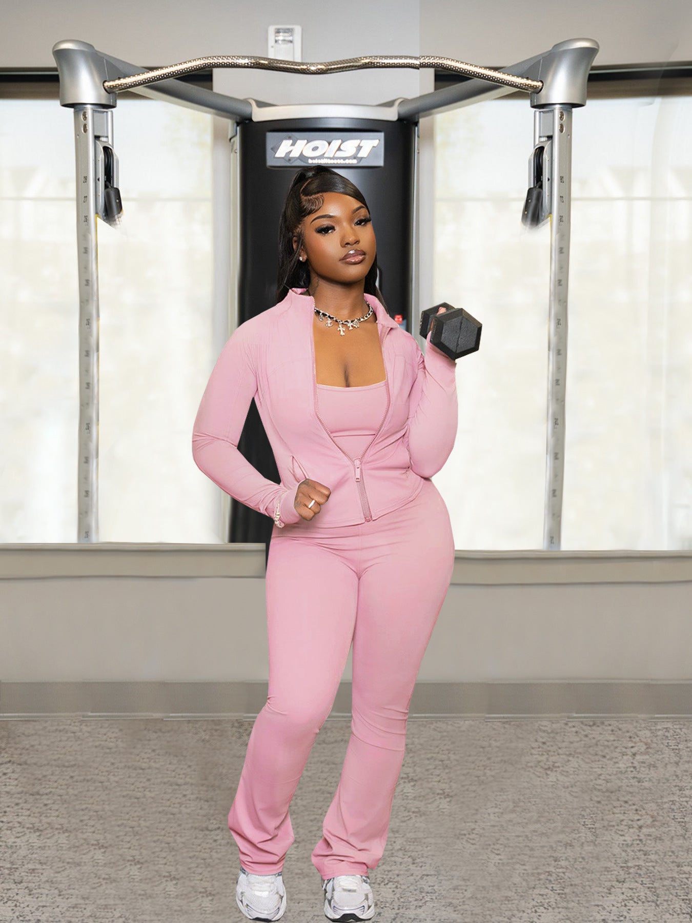 Women's Fashion Solid Color Pocket Zipper High Collar Jacket Casual Jumpsuit Sports Two-Piece Set 8