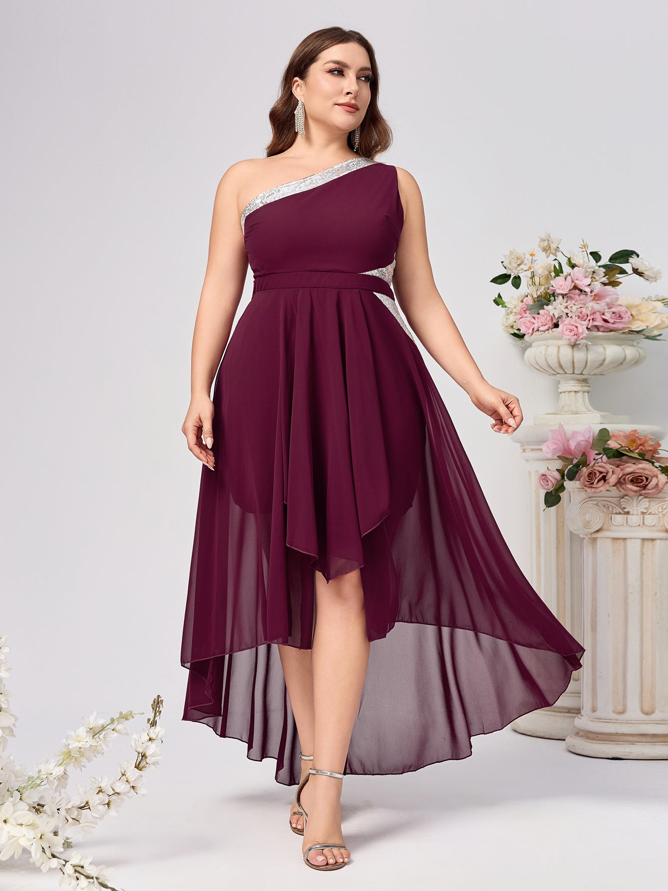 Plus Size Women Slash Shoulder Soild Dress 5
