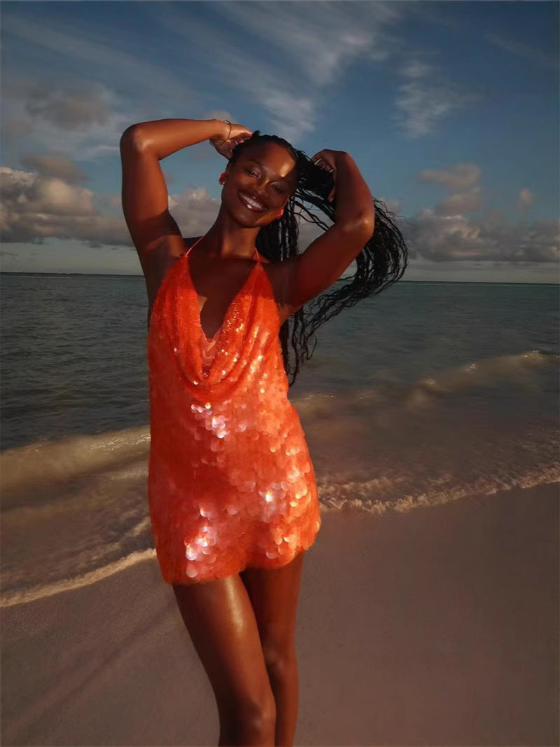 Sexy women'slow-cut hollow Strap Low Back sequined slim dress 5