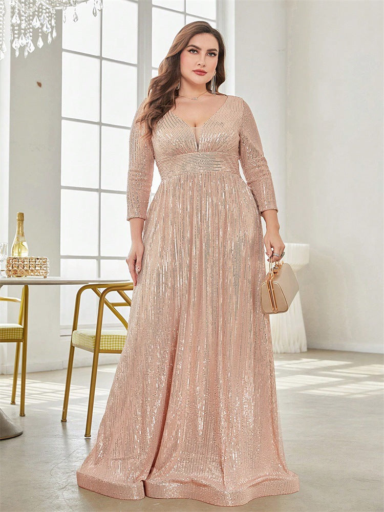 Women Plus Size Sequined Long-Sleeved V-Neck Formal Party Elegant Maxi Dress 11