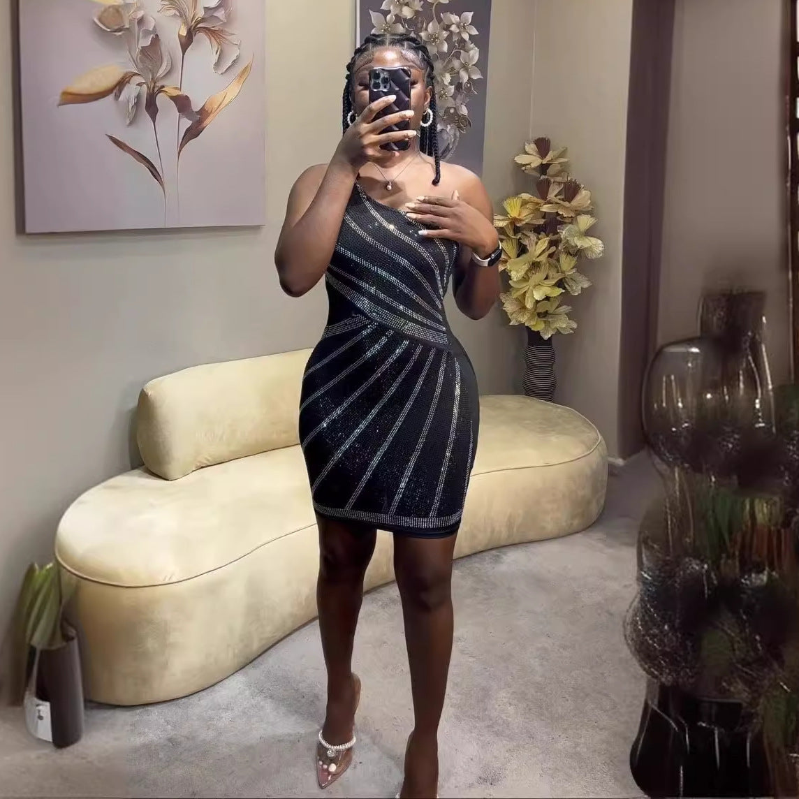 Women Sexy Beaded Patchwork See-Through One-Shoulder Sleeveless Elastic Bodycon Dress