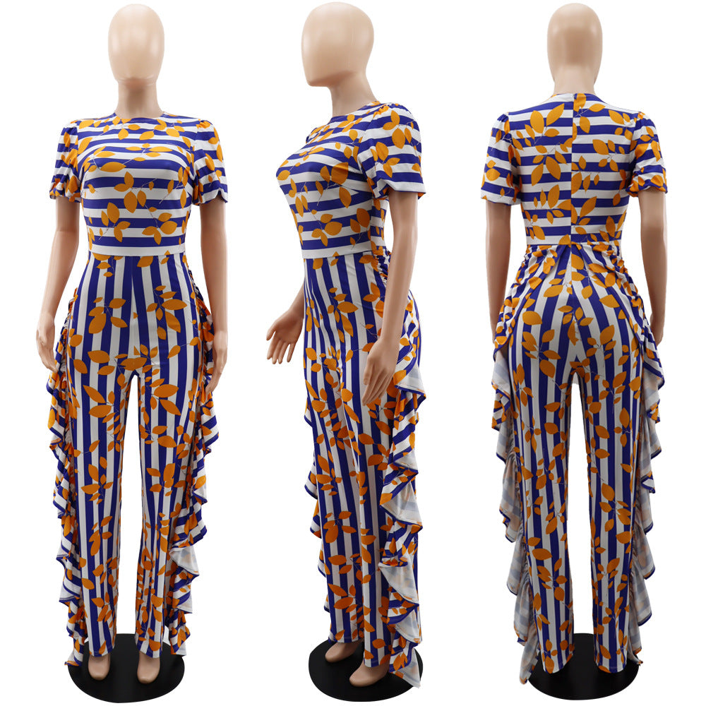 Chic Puff Sleeve Elegant Ruffled High Waist Overalls Straight Leg Trousers Women's Jumpsuit 9