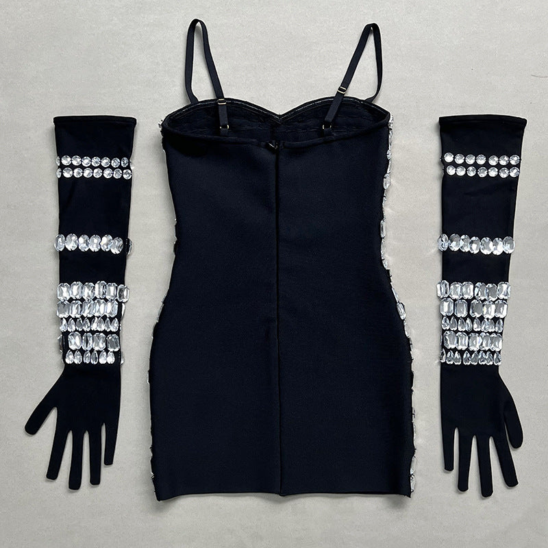 Women's Black Spiked Sleeves Straps Sleeveless Rhinestone Dress Women's Clothing 13