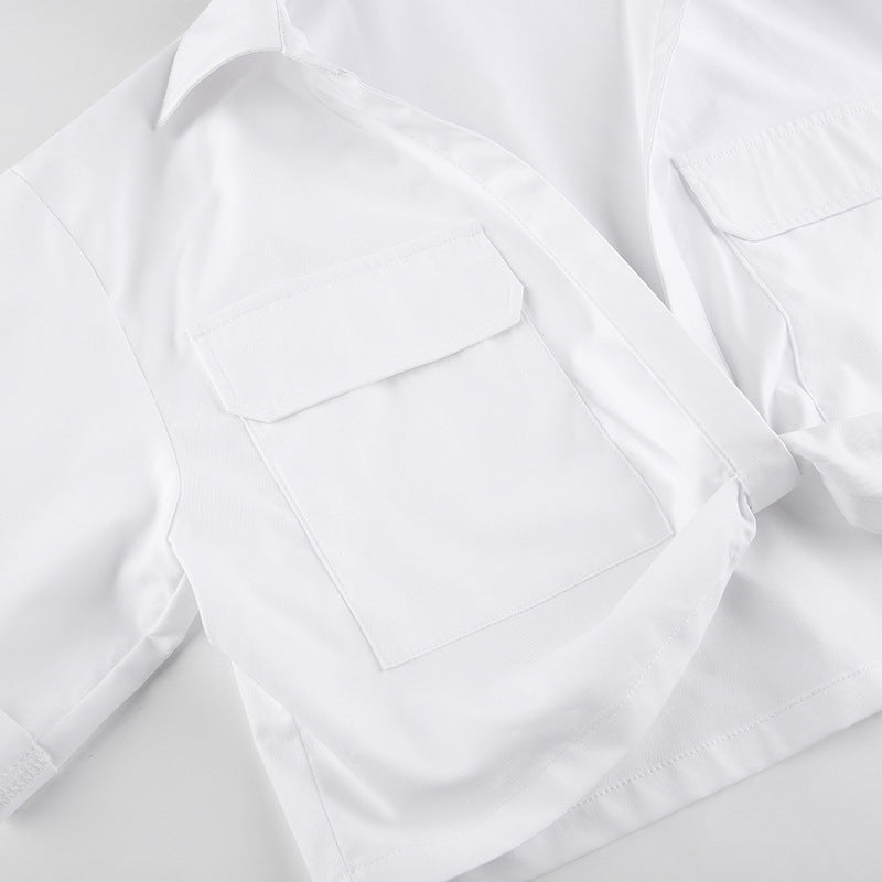 WomenSexy Knot Solid Polo Collar Crop Shirt 18