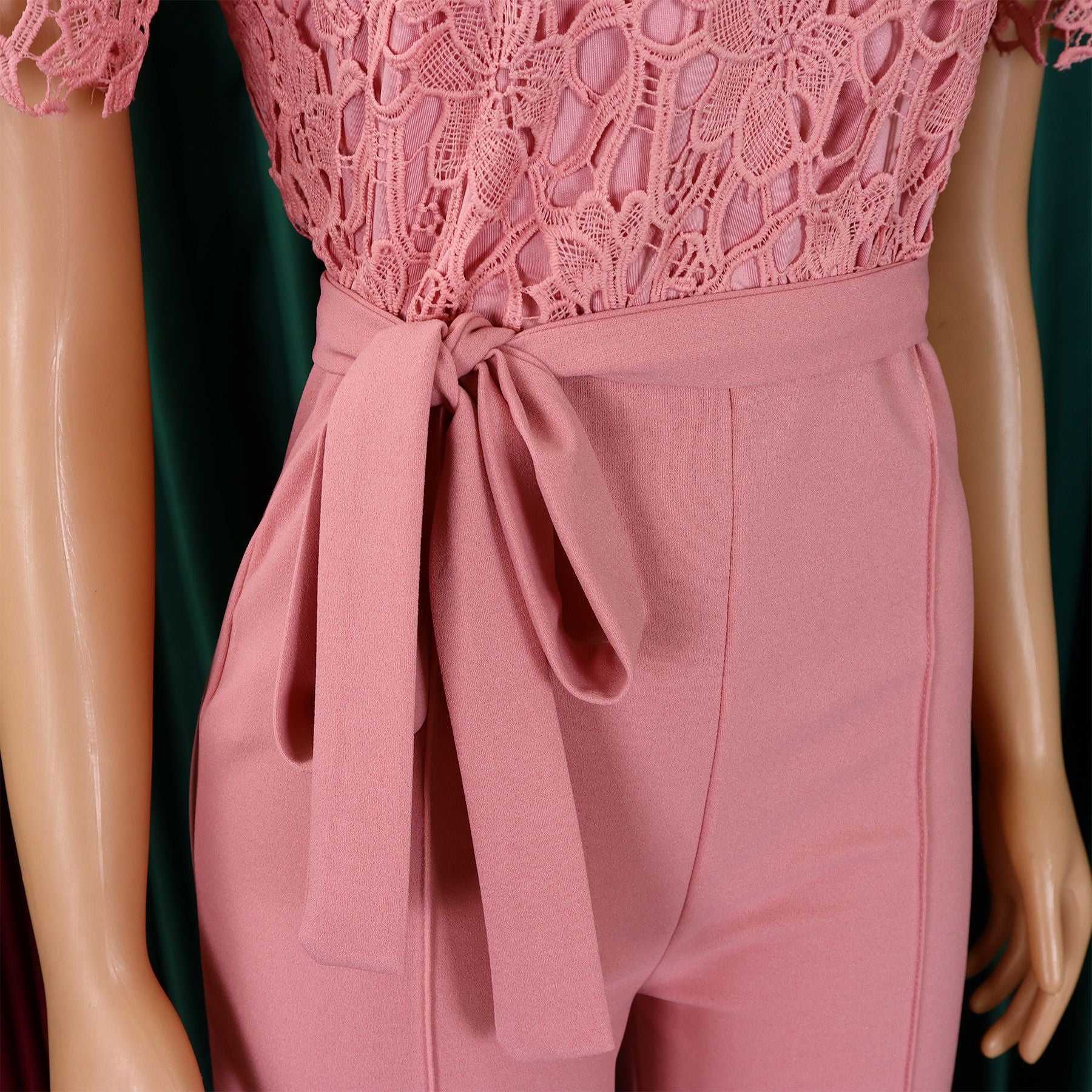 Women's Sexy Lace Hollow Short Sleeve Belt High Waist Wide Leg Jumpsuit 17