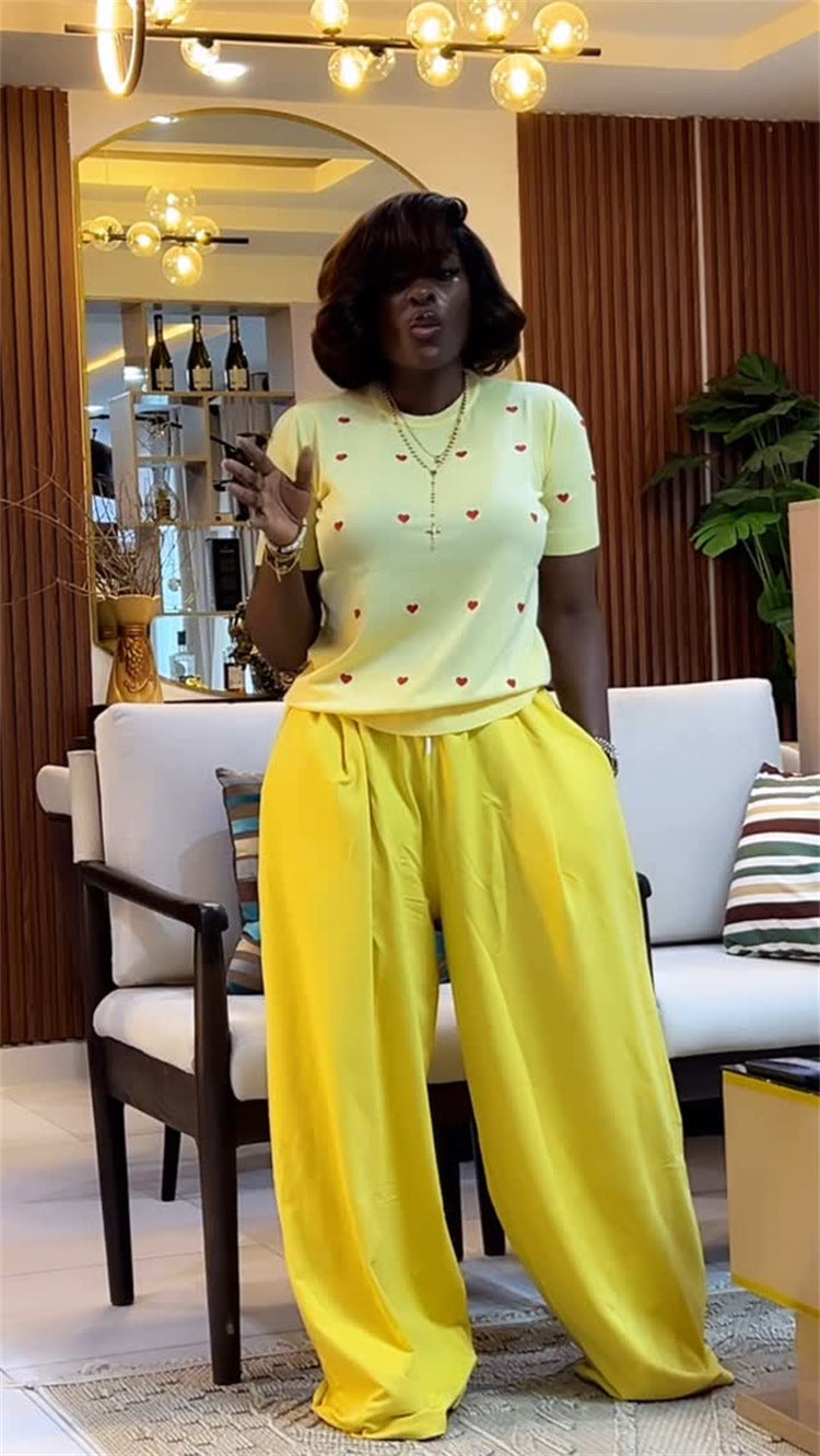Women's Summer Sweet & Trendy Round Neck Heart Print Short Sleeve Top & Wide-Leg Pants Set 10