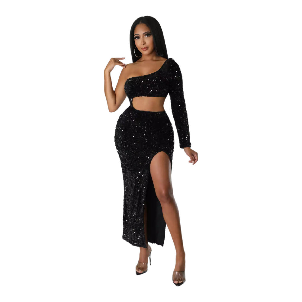 One Shoulder Trendy Sequin Sexy Crop Slit Women'S Party Dress 6