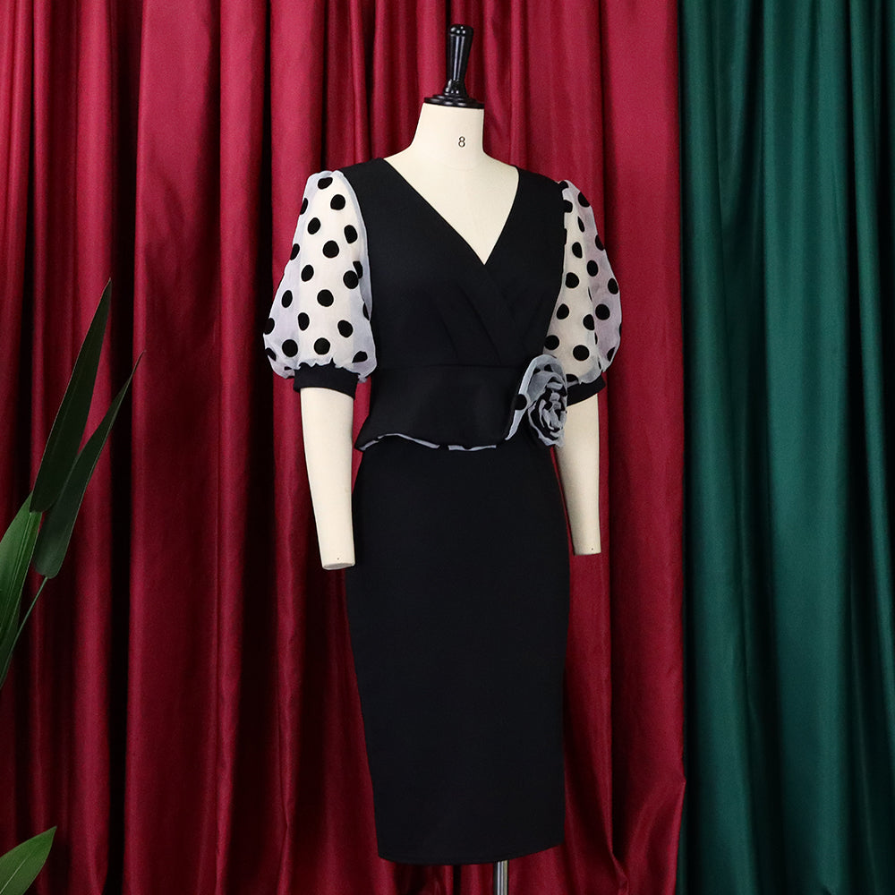 Plus Size Women'S Fashion Dot Mesh Patchwork V Neck Chic Career Bodycon Dress 14