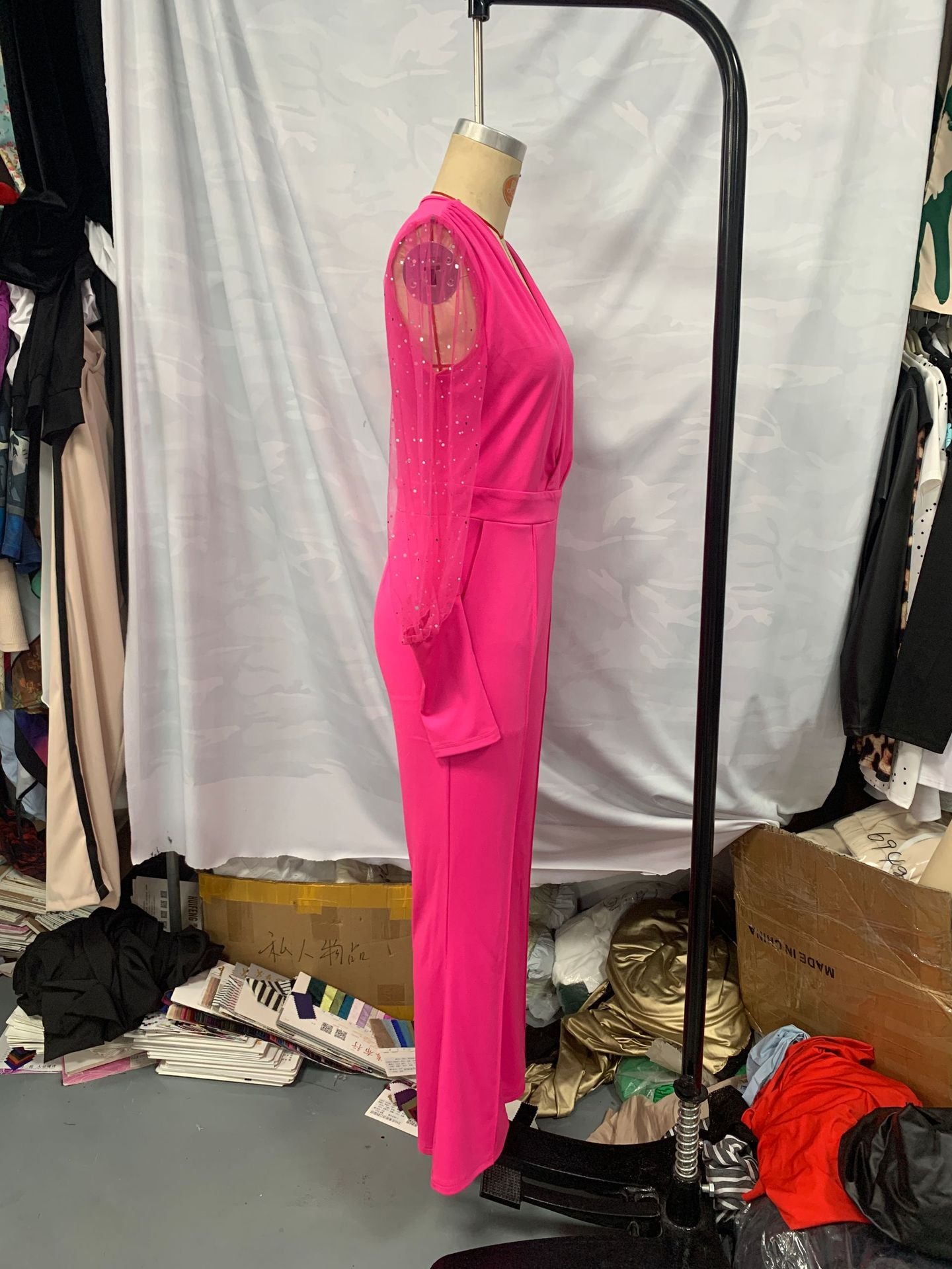 Women autumn V-neck mesh patchwork wide-leg jumpsuit 6