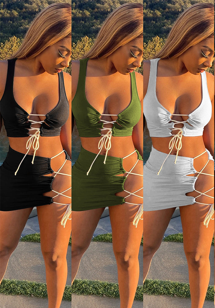Women Sexy Lace-Up Tank and Skirt Two-Piece Set