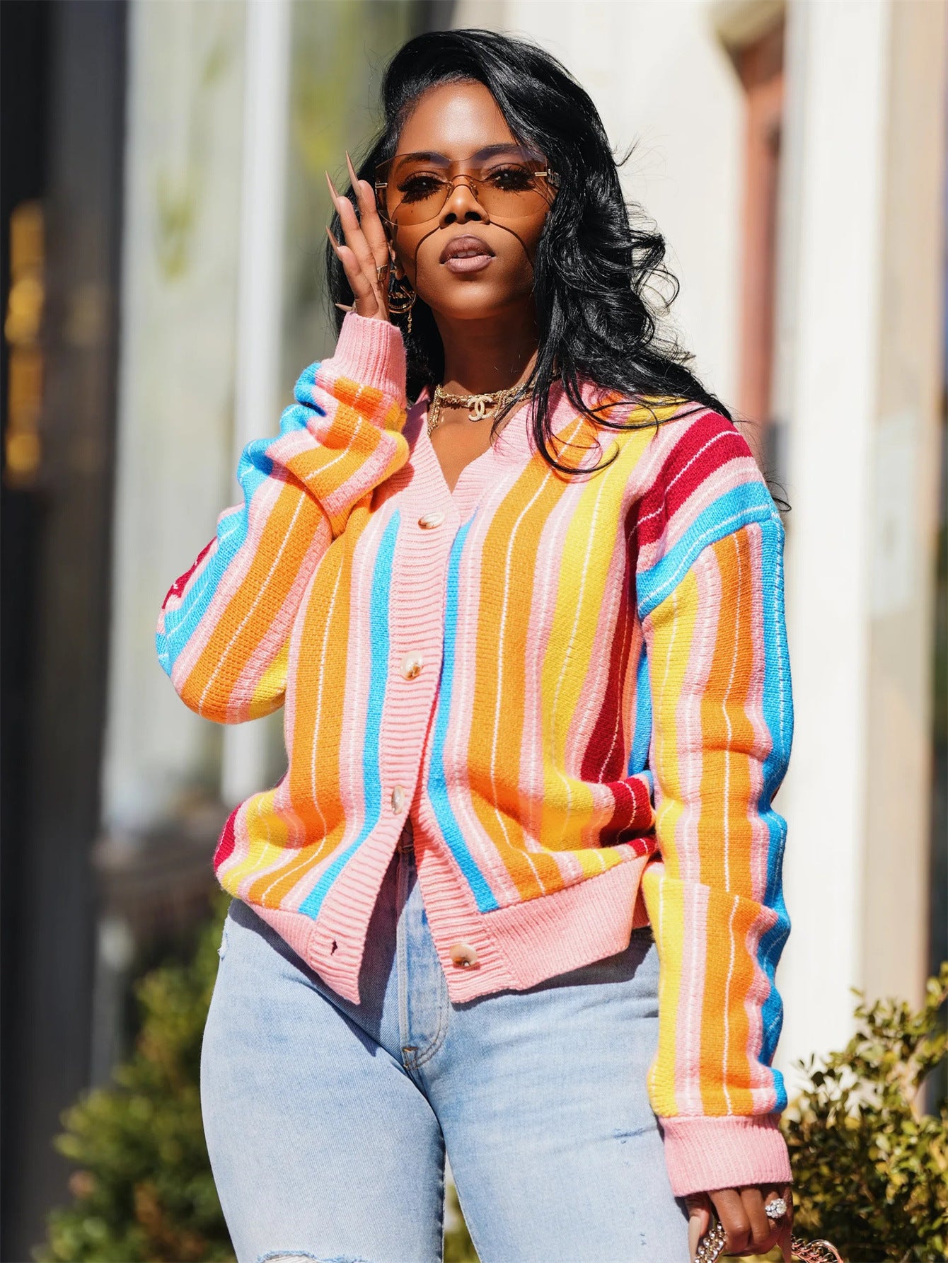 Women autumn casual striped contrast color sweater knitting cardigan long-sleeved top