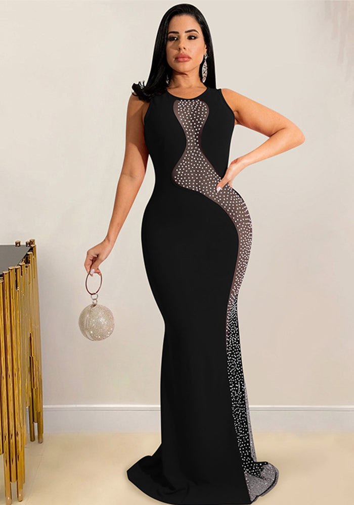 Women Sexy Beaded Mesh See-Through Sleeveless Backless Maxi Dress