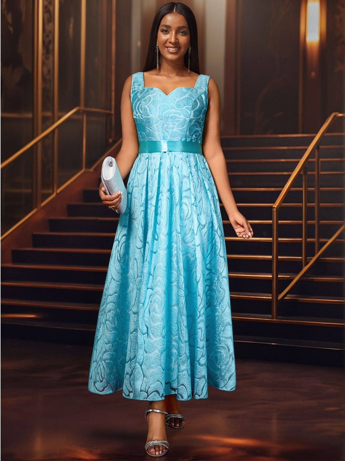 Women's Sexy V-Neck Strap Jacquard High-Waist Elegant Formal Party A-Line Dress 3