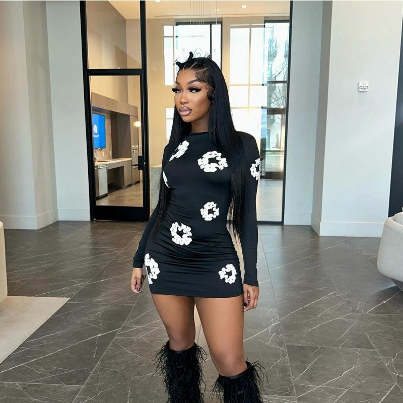 Women Round Neck Long Sleeve Flower Print Dress 7