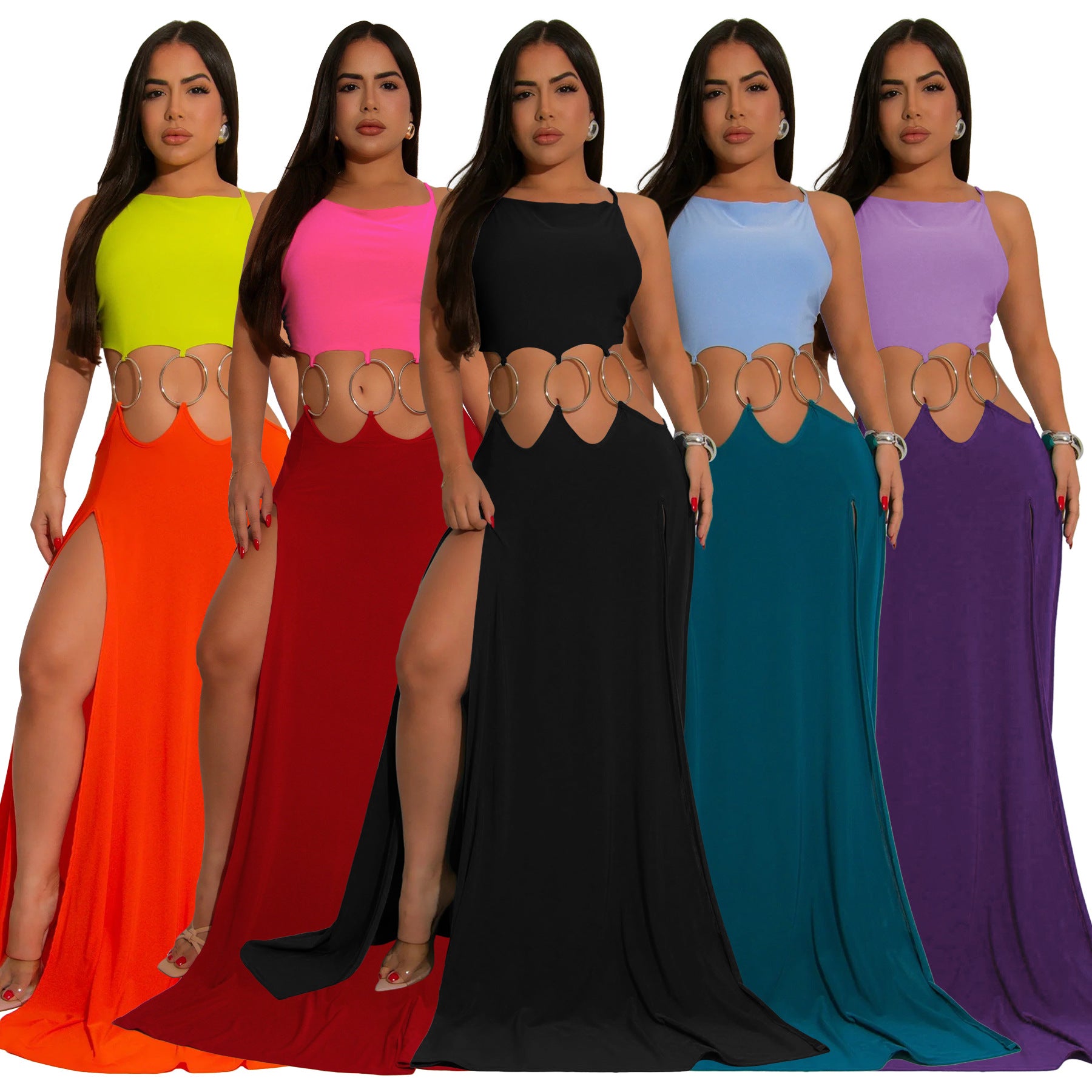 Women's Solid Color Sexy Low-Back High-Slit Contrast Dress 13