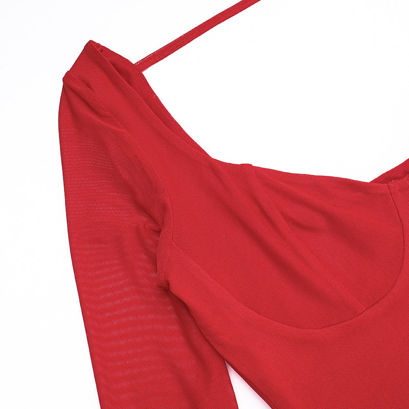 Women Fall Sexy Plunging Mesh Long-Sleeved Maxi Dress 14