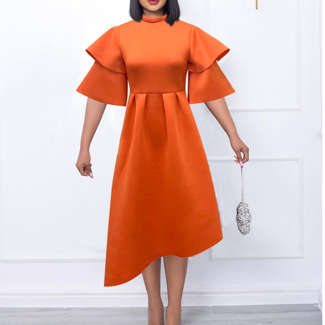 Women Double Layer Ruffle Sleeve Solid Swing Dress Dress 6