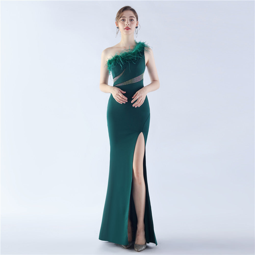 Women One Shoulder Ostrich Feather Beaded Evening Dress