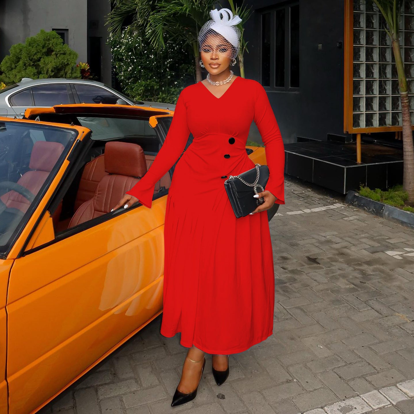 Plus-Size Women Autumn V-Neck Pleated Maxi Dress 7