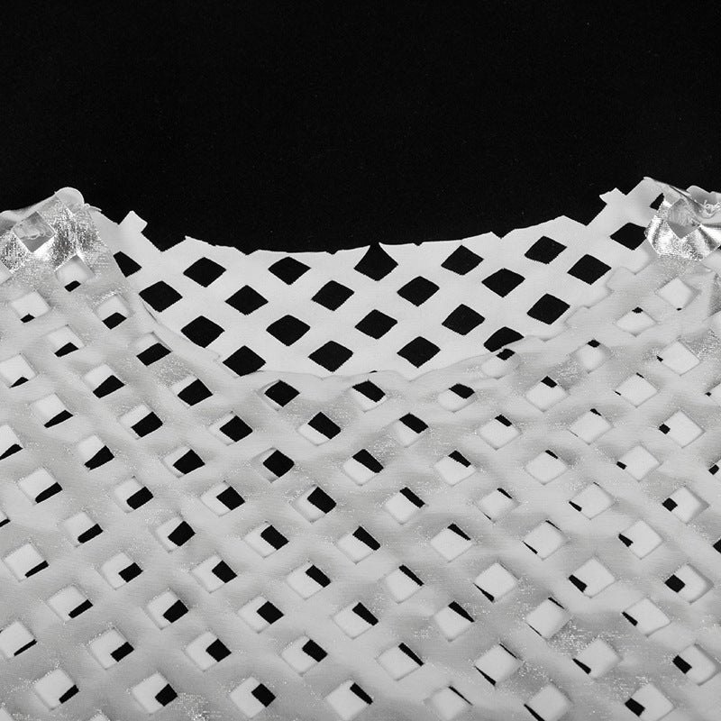 Autumn Solid Color Round Neck Hollow Long Sleeve Glossy Slim Fit Sexy Dress 11