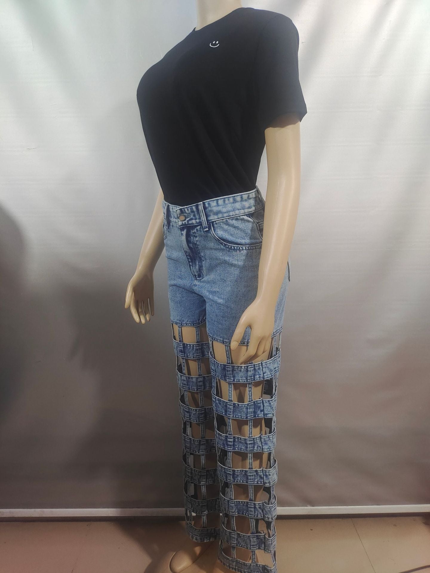 Ripped Denim Street Fashion Hollow High-Waist Straight Pants for Women 9