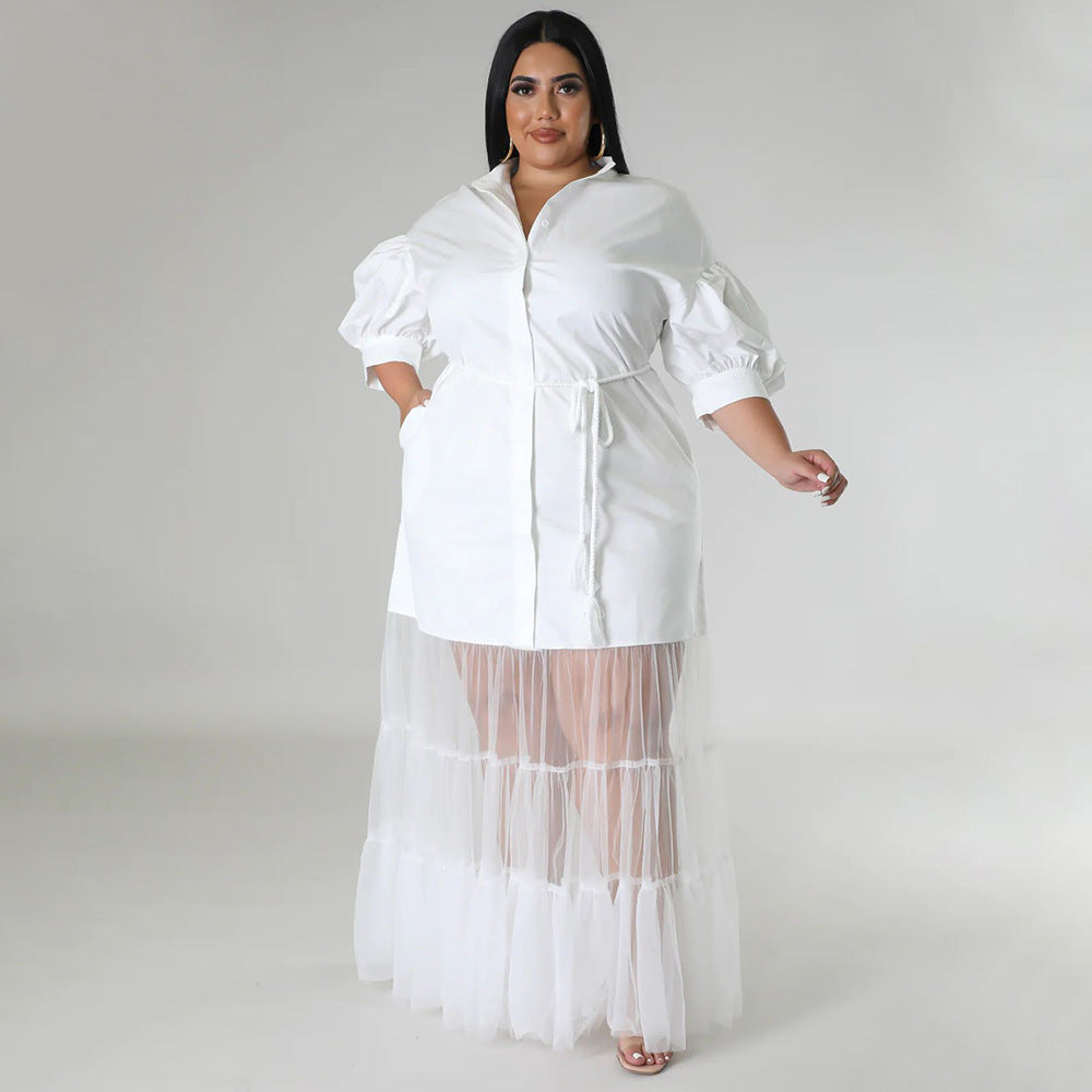 Chic Mesh Patchwork Short Sleeve Autumn Turndown Collar Button Up Plus Size Dress 3