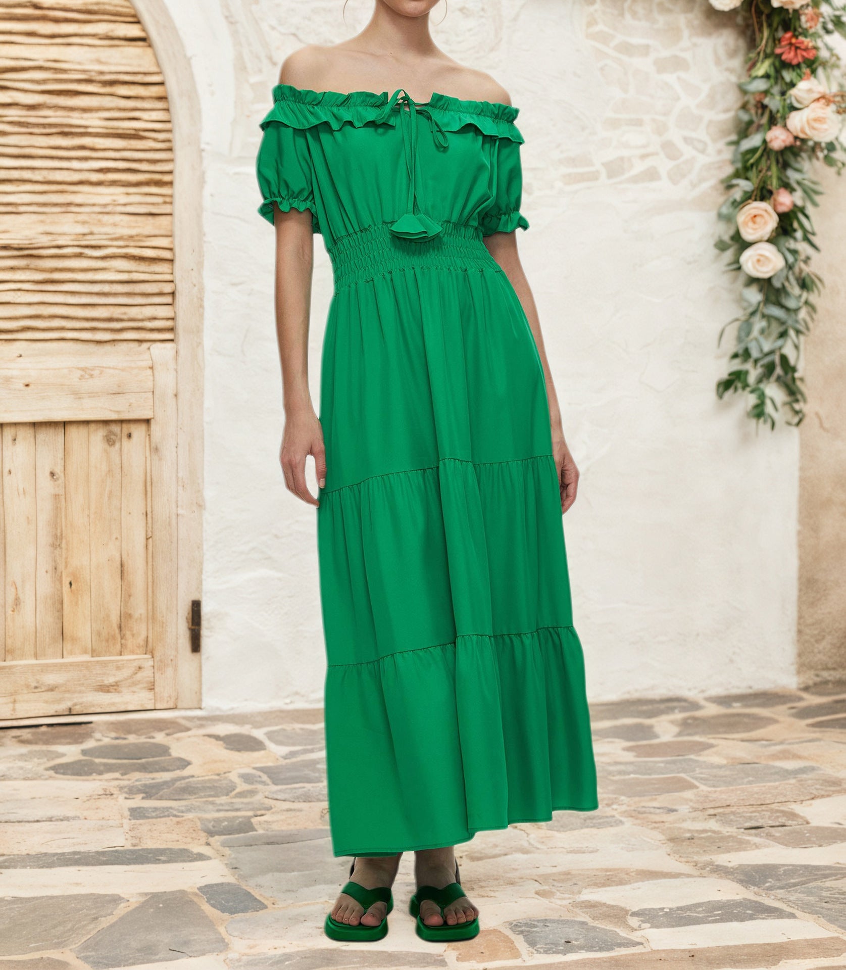 women's off-shoulder ruffle bubble short sleeve lace-up dress 3