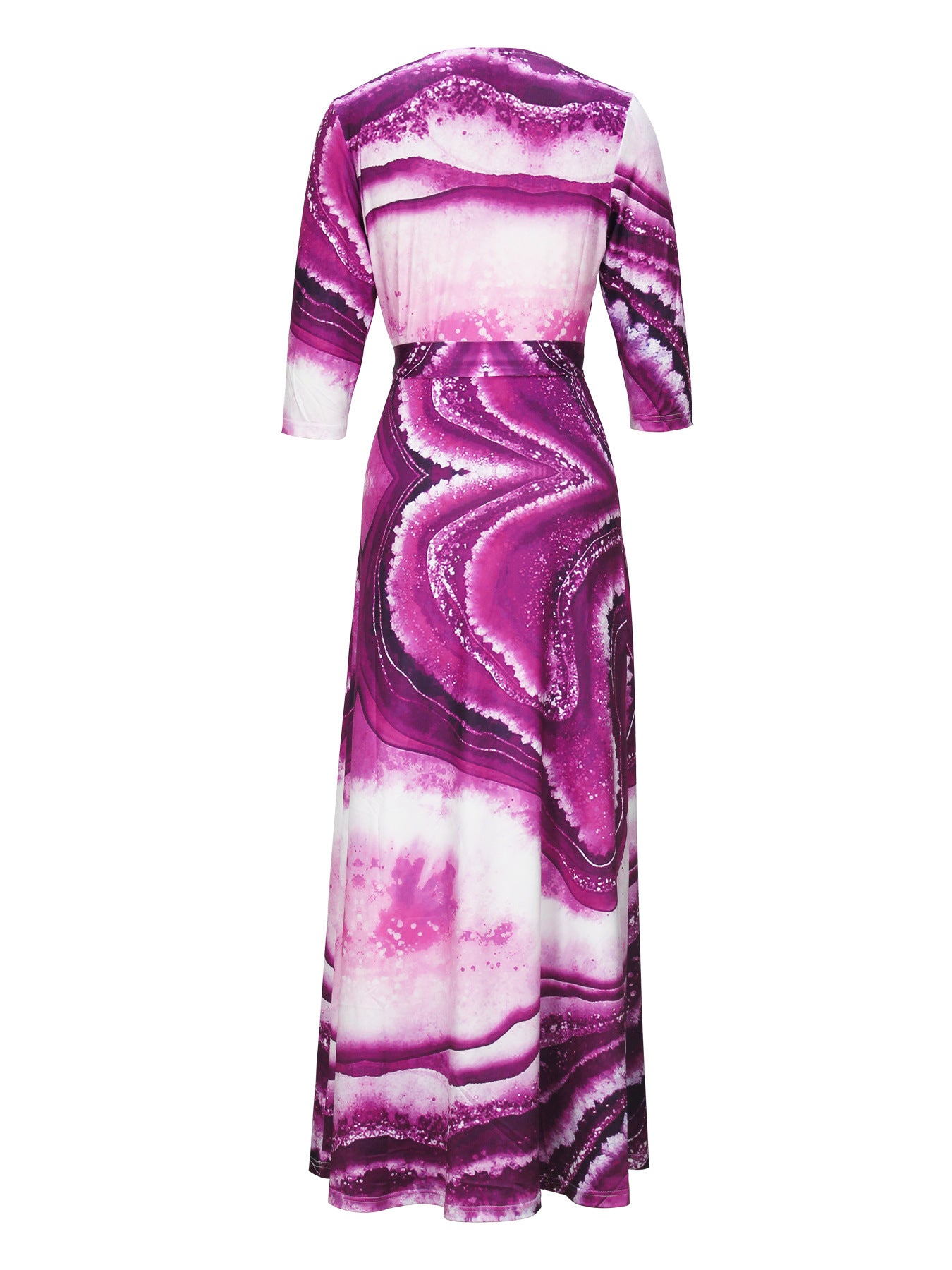 Spring & Autumn Women's Fashion Elegant Wrap V-Neck Half-Sleeve Print Belt Maxi Dress 64