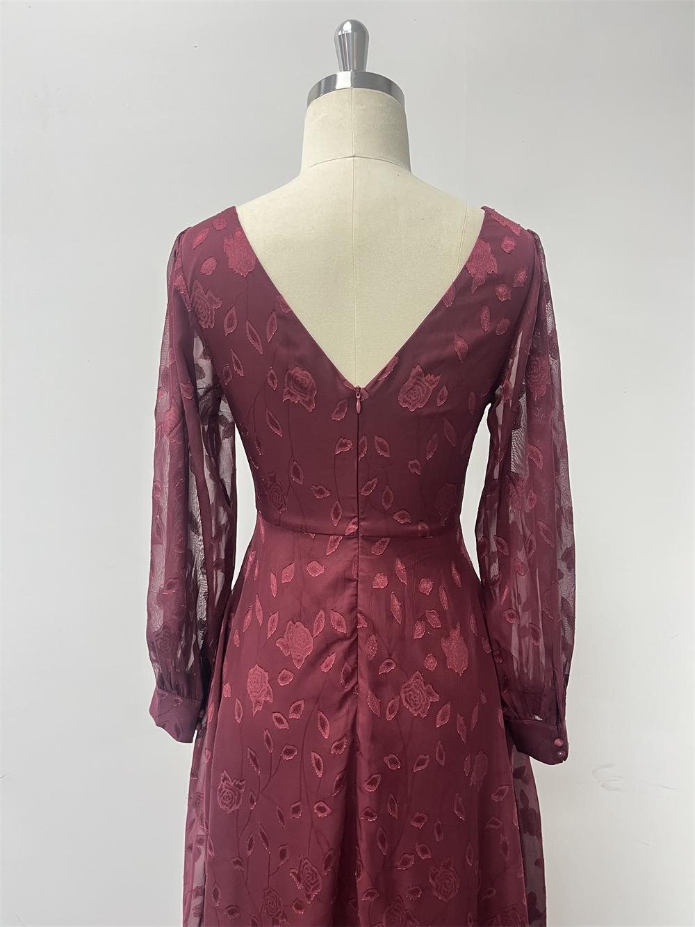 Autumn Long-Sleeve Double V-Neck High-Slit Lace Formal Dress with Full Lining 14