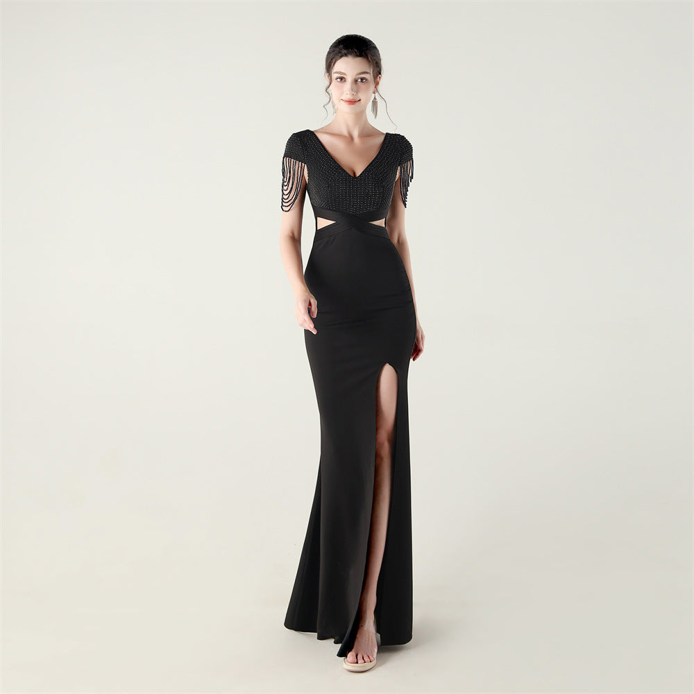 Beaded Chain Shoulder Deep V Hollow Slim Formal Party Evening Dress 12