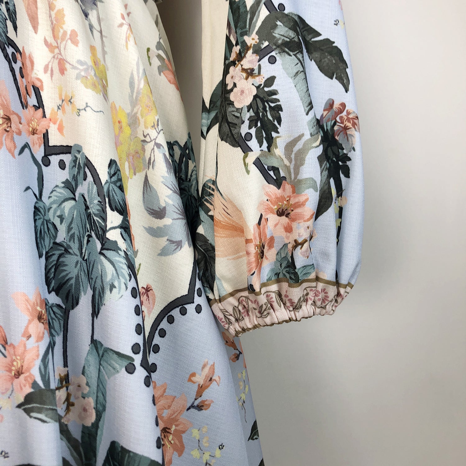 Elegant Print Row Jewelry Button Floral Lantern Sleeve Midi Dress with Belt 20