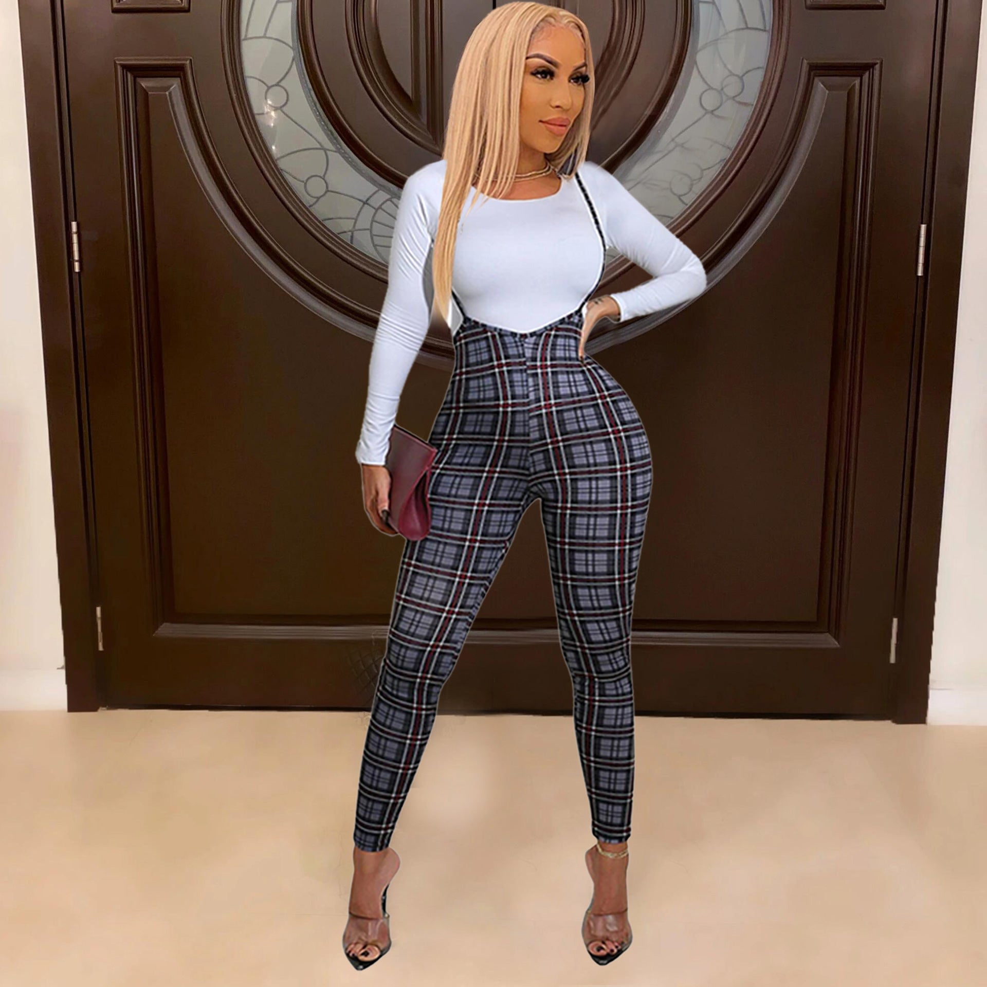 Spring Printed Long-Sleeved Slim Fit Women's Strap Casual Two Piece Pants Set 18